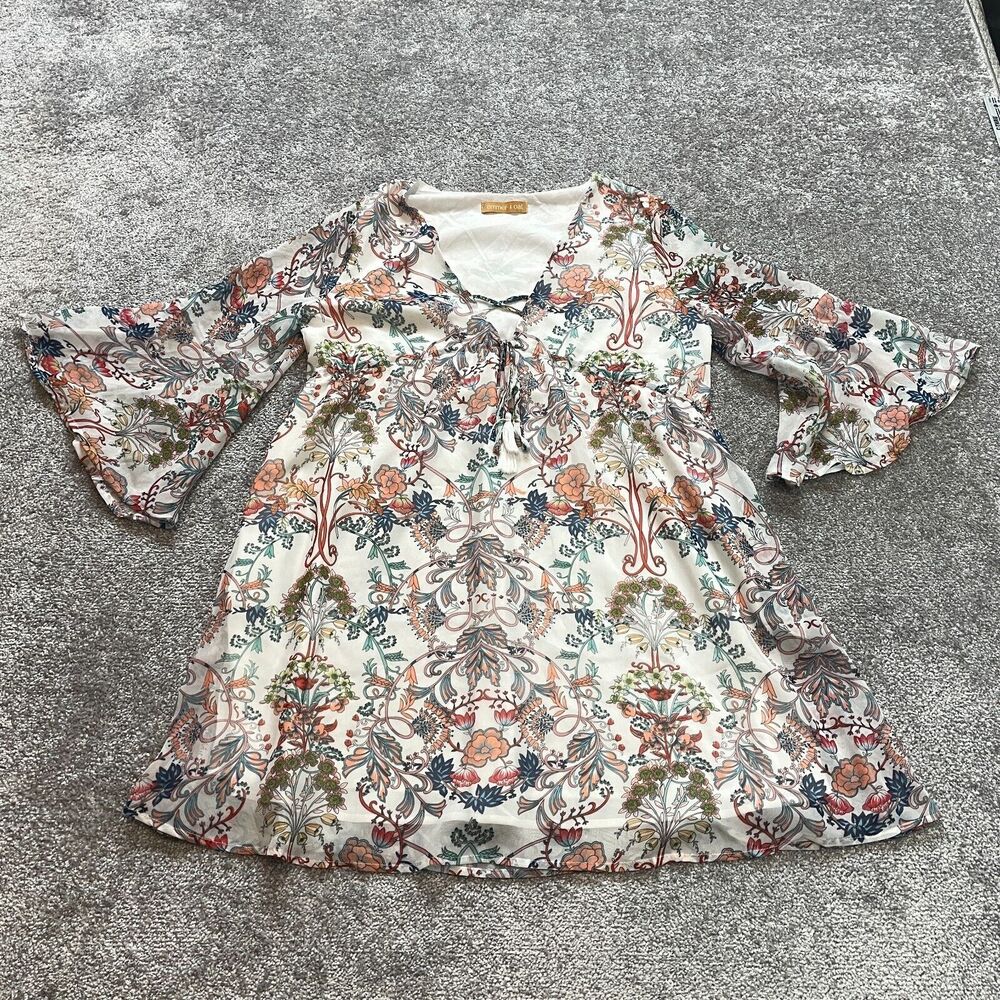 Emmer & Oat Dress Womens Large White Floral Allover Boho Long Sleeve Midi Ladies